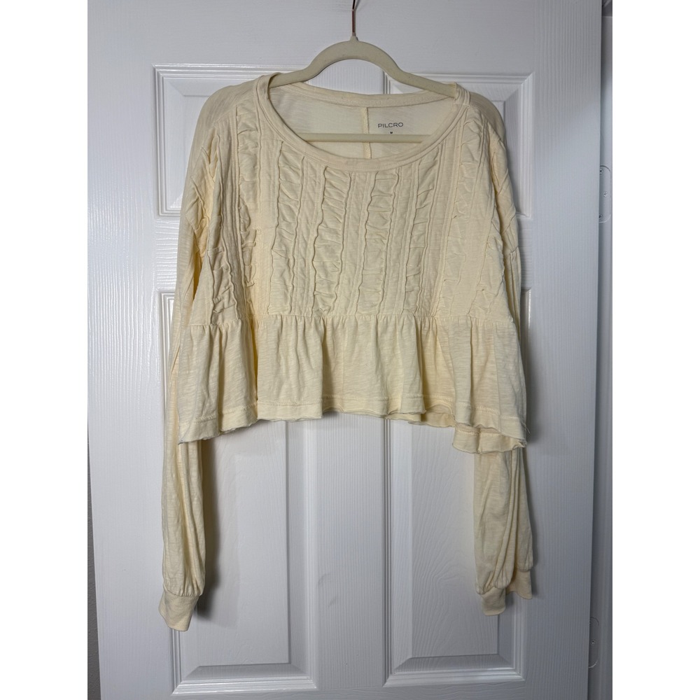 Pilcro Textured Babydoll Top Size M Cream Excellent Pintuck Cotton Long Sleeve - Picture 2 of 6